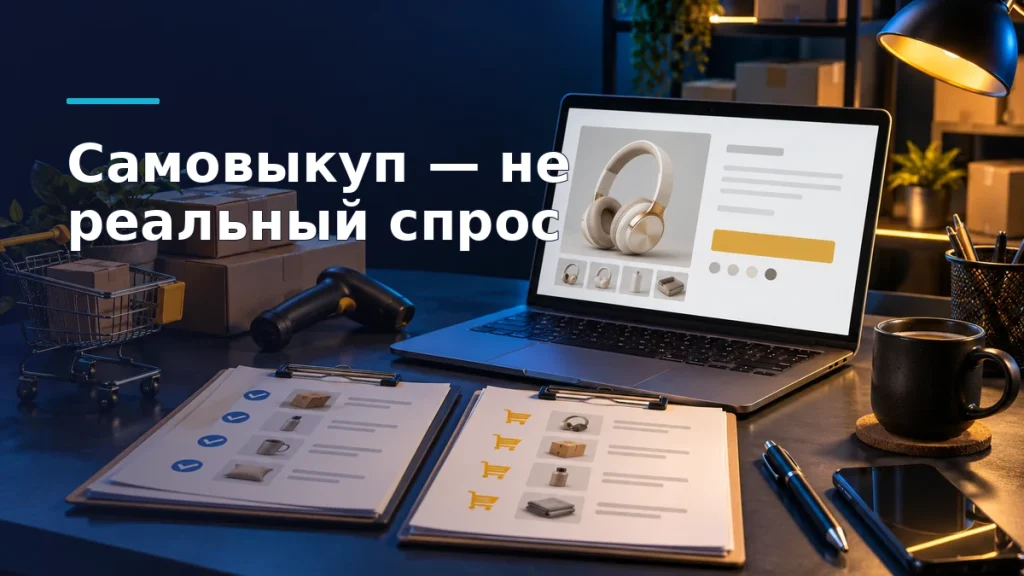 Продавец сравнивает искусственно организованные покупки и самостоятельные заказы покупателей в двух отдельных списках рядом с карточкой товара.