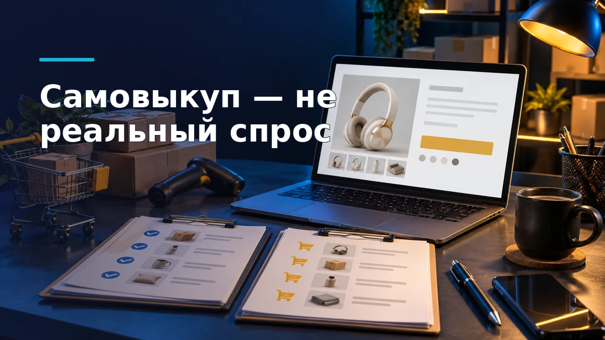 Продавец сравнивает искусственно организованные покупки и самостоятельные заказы покупателей в двух отдельных списках рядом с карточкой товара.