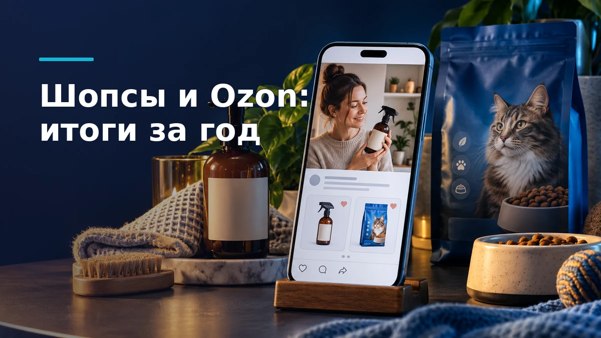 Смартфон с условной публикацией автора о товаре и карточкой покупки Ozon, рядом товары для дома, косметика и корм для животных