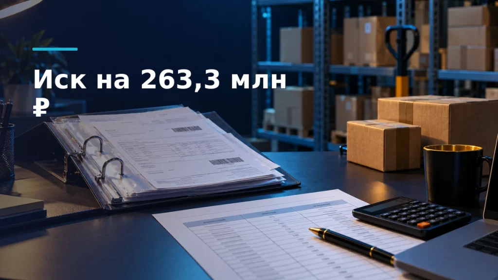 Папка с УПД и накладными рядом с таблицей артикулов, количества товара и расходов на фоне складских коробок