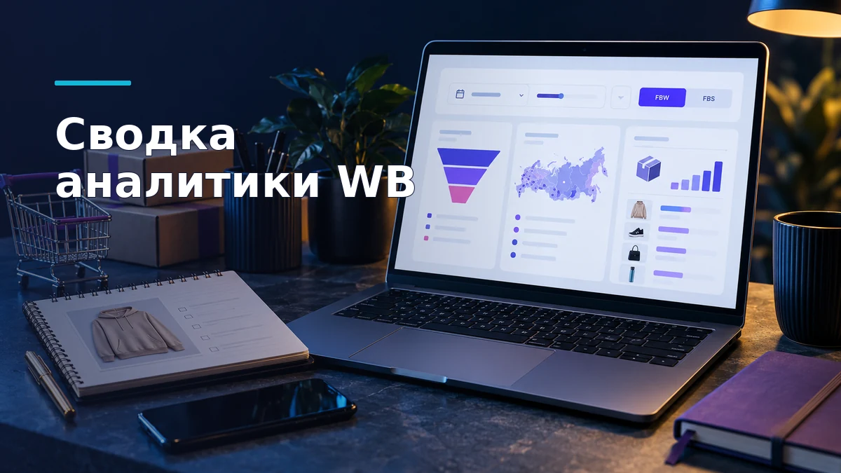 Схематичная сводка аналитики Wildberries на ноутбуке: выбор периода, FBW/FBS и виджеты воронки, географии заказов и остатков