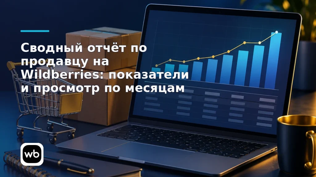 Обложка к инструкции «Сводный отчёт по продавцу на Wildberries: показатели и просмотр по месяцам»: официальный логотип Wildberries и предметная сцена по теме.