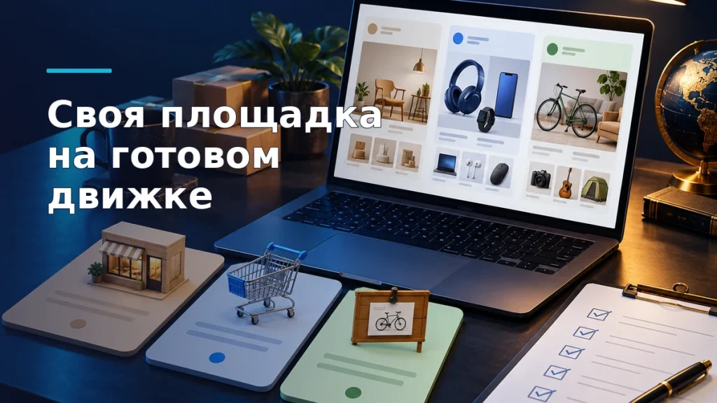 Ноутбук с витриной нескольких продавцов, карточки трёх форматов торговой площадки и перечень требований к готовому движку