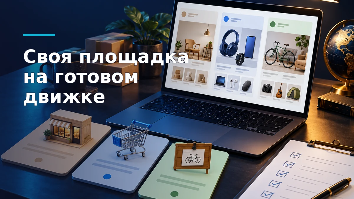 Ноутбук с витриной нескольких продавцов, карточки трёх форматов торговой площадки и перечень требований к готовому движку