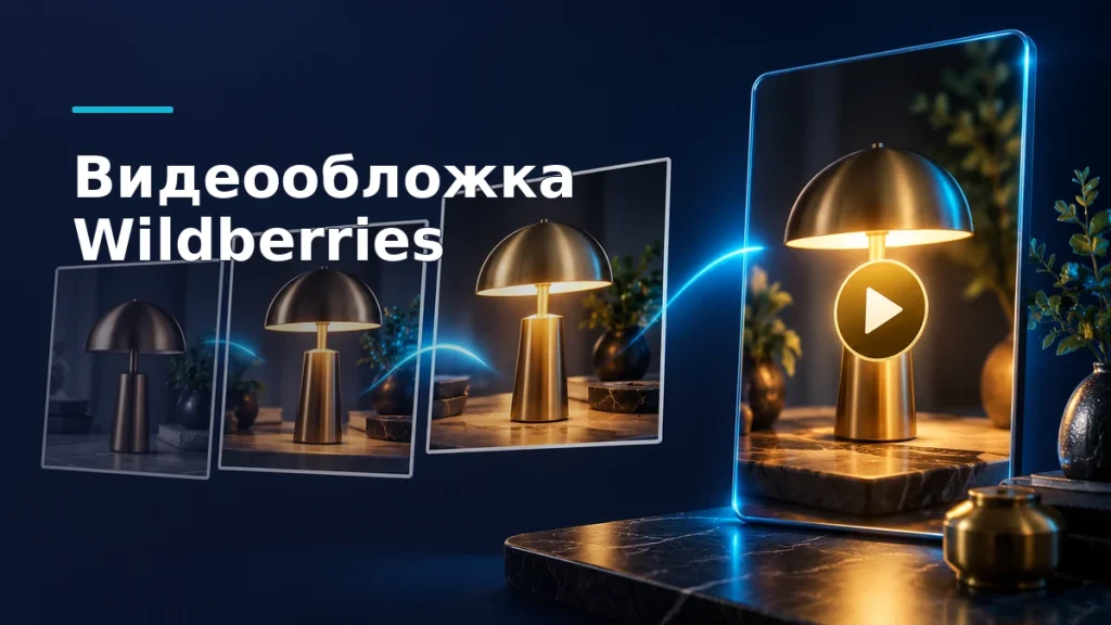 Фотографии настольного светильника переходят в карточку с видеообложкой и кнопкой воспроизведения на тёмно-синем фоне