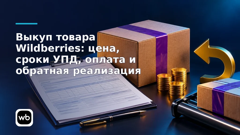 Обложка к инструкции «Выкуп товара Wildberries: цена, сроки УПД, оплата и обратная реализация»: официальный логотип Wildberries и предметная сцена по теме.