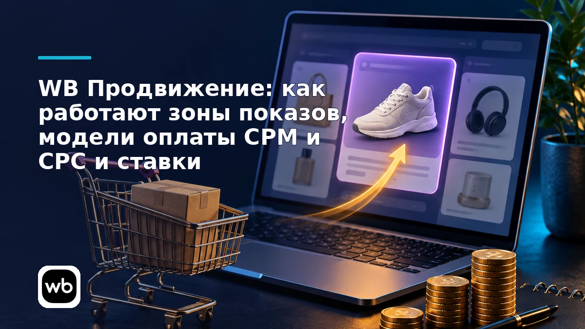 Обложка к инструкции «WB Продвижение: как работают зоны показов, модели оплаты CPM и CPC и ставки»: официальный логотип Wildberries и предметная сцена по теме.