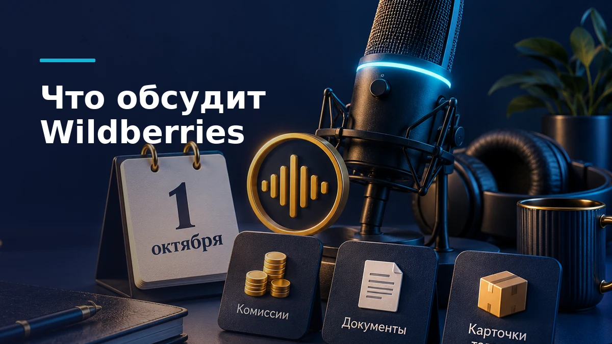 Микрофон рядом с календарём на 1 октября и карточками тем подкаста: комиссии, документы и карточки товаров