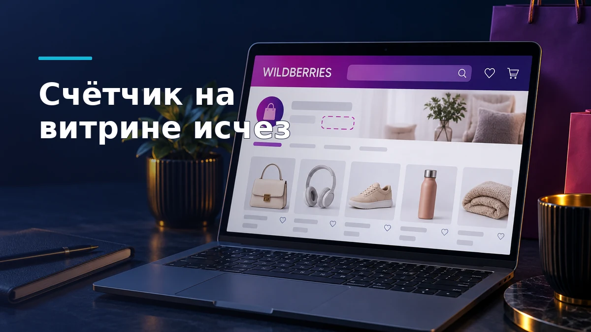 Условная витрина магазина Wildberries с товарами и пустым местом, выделенным рядом с названием магазина