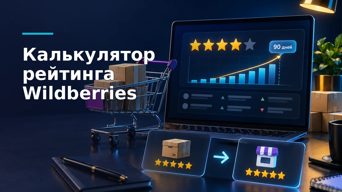 Иллюстрация калькулятора рейтинга продавца Wildberries: звёзды оценок, график прогноза на 90 дней и подписи «Оценка товара» и «Рейтинг продавца».
