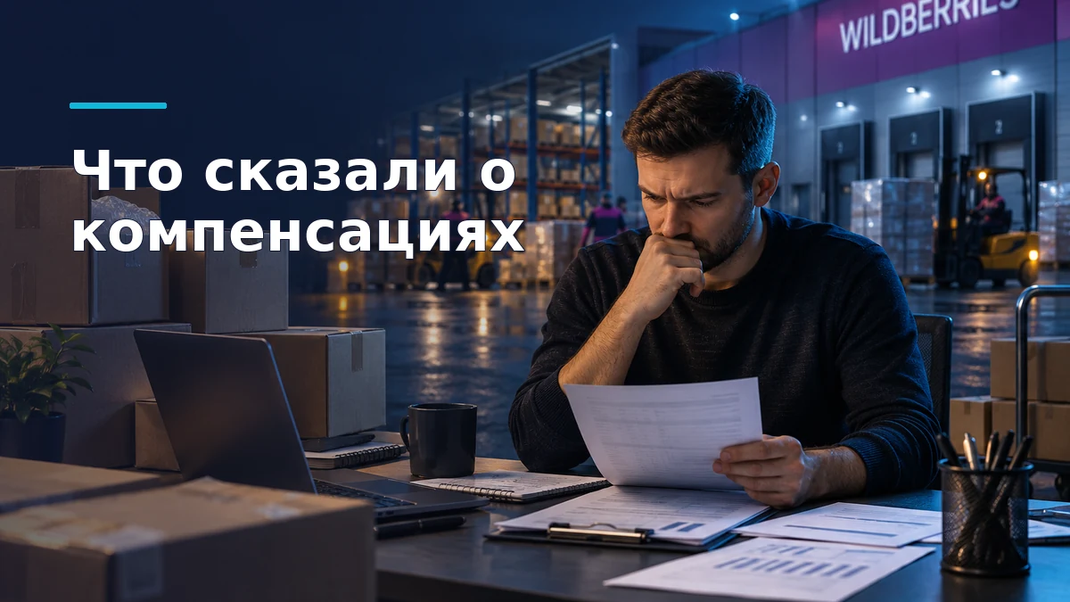 Продавец изучает документы о потерянном товаре; рядом коробки и схема склада Wildberries