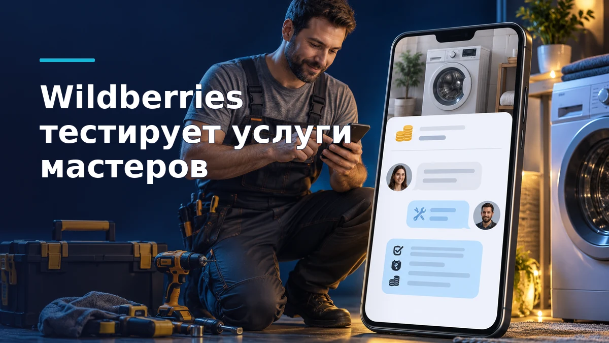 Мастер с ящиком инструментов рядом со смартфоном, на экране которого показано объявление о ремонтных услугах и чат для согласования работ