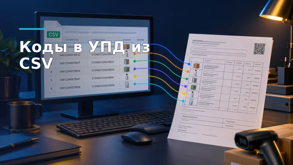 CSV-таблица с номерами товарных позиций и кодами рядом с УПД, стрелка показывает перенос сведений в документ