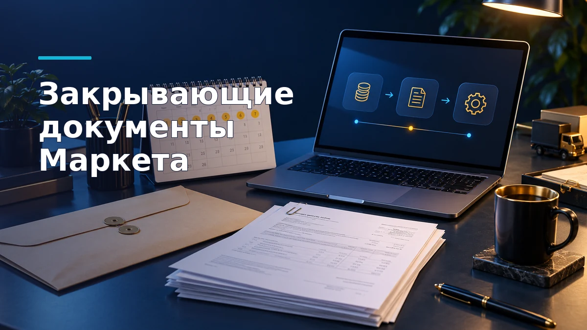 Конверт с бумажными закрывающими документами рядом с календарём и экраном настройки «На фактический адрес» в кабинете Яндекс Маркета